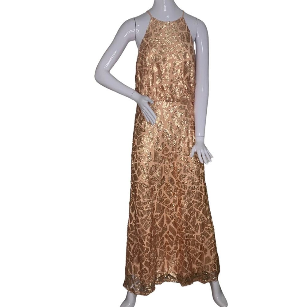 Donna Morgan Collection Ball Gown Size 12 Gold Sequins Patches Slit Back…
